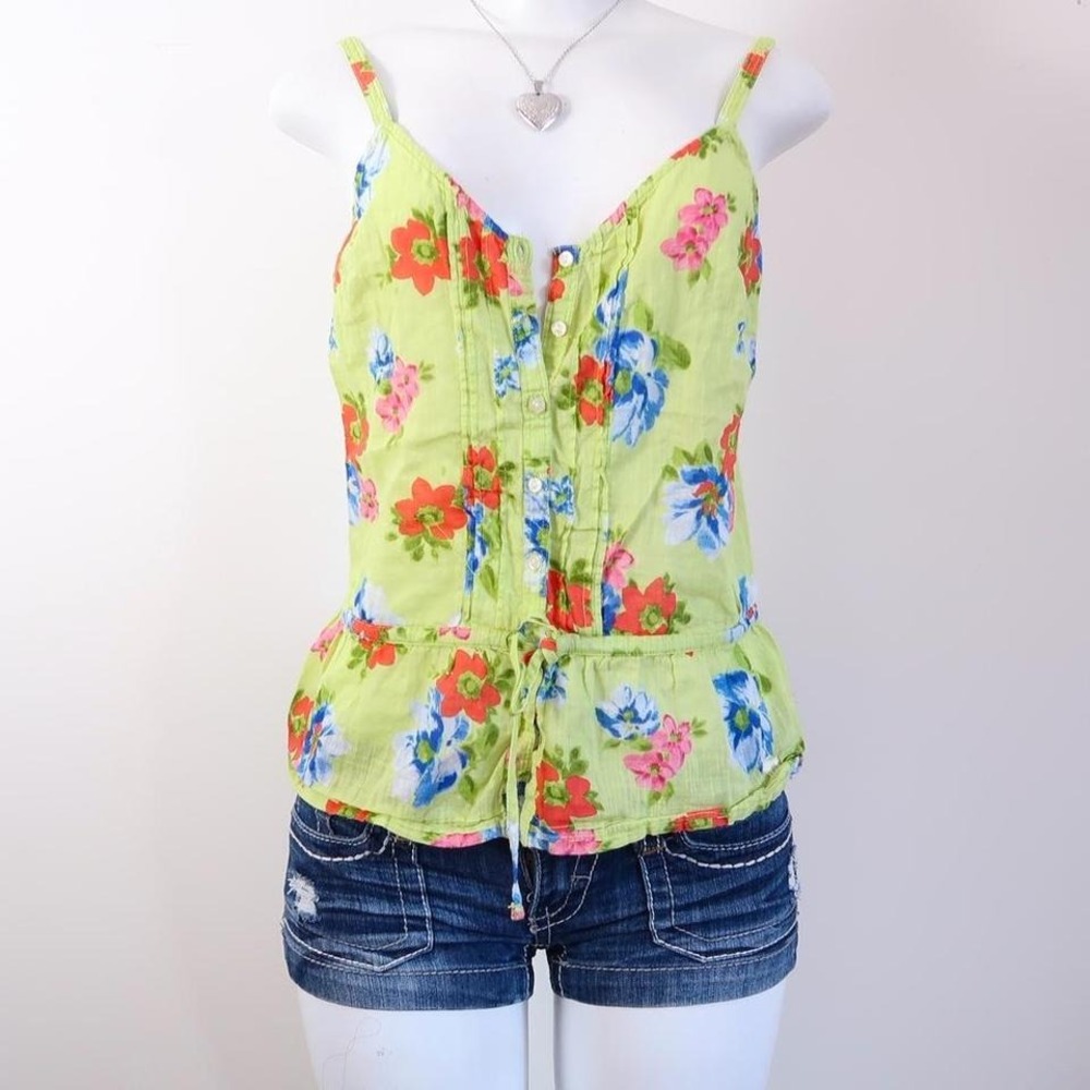 abercrombie floral babydoll tank lime green drawstring y2k size S